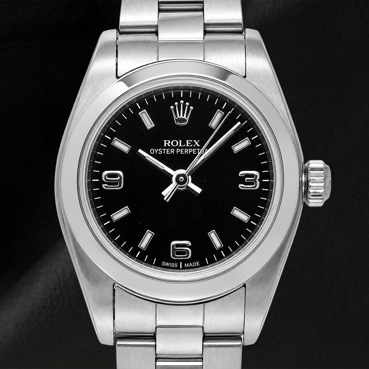 Rolex Oyster Perpetual 76094 26 mm Uhr, schwarzes Zifferblatt mit arabischen Ziffern, Edelstahl, Oyster-Armband