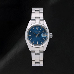 Rolex Oyster Perpetual 76094 26 mm Uhr aus Edelstahl, blaues Zifferblatt mit Stabindizes