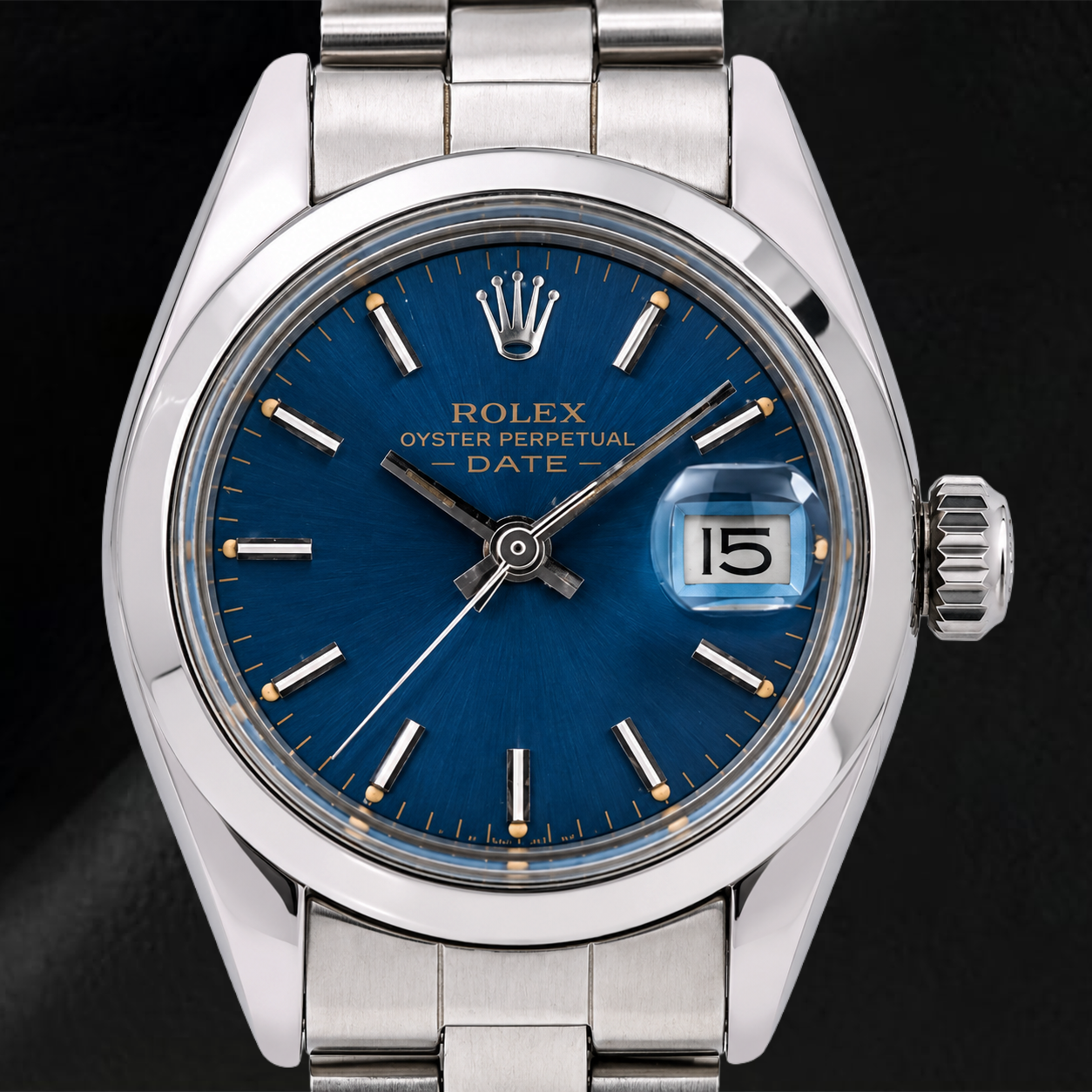 Rolex Oyster Perpetual 76094 26 mm Uhr aus Edelstahl, blaues Zifferblatt mit Stabindizes