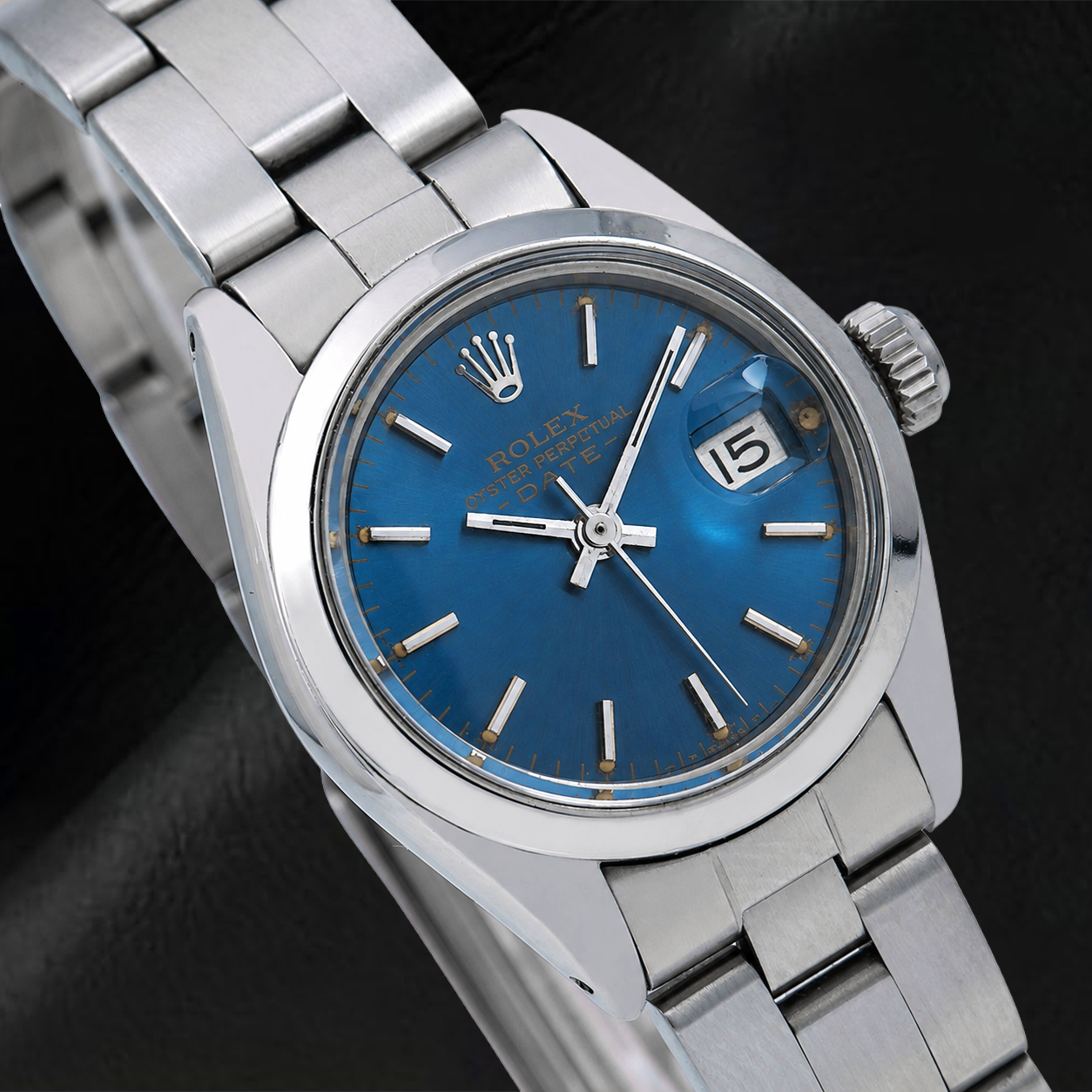 Rolex Oyster Perpetual 76094 26 mm Uhr aus Edelstahl, blaues Zifferblatt mit Stabindizes