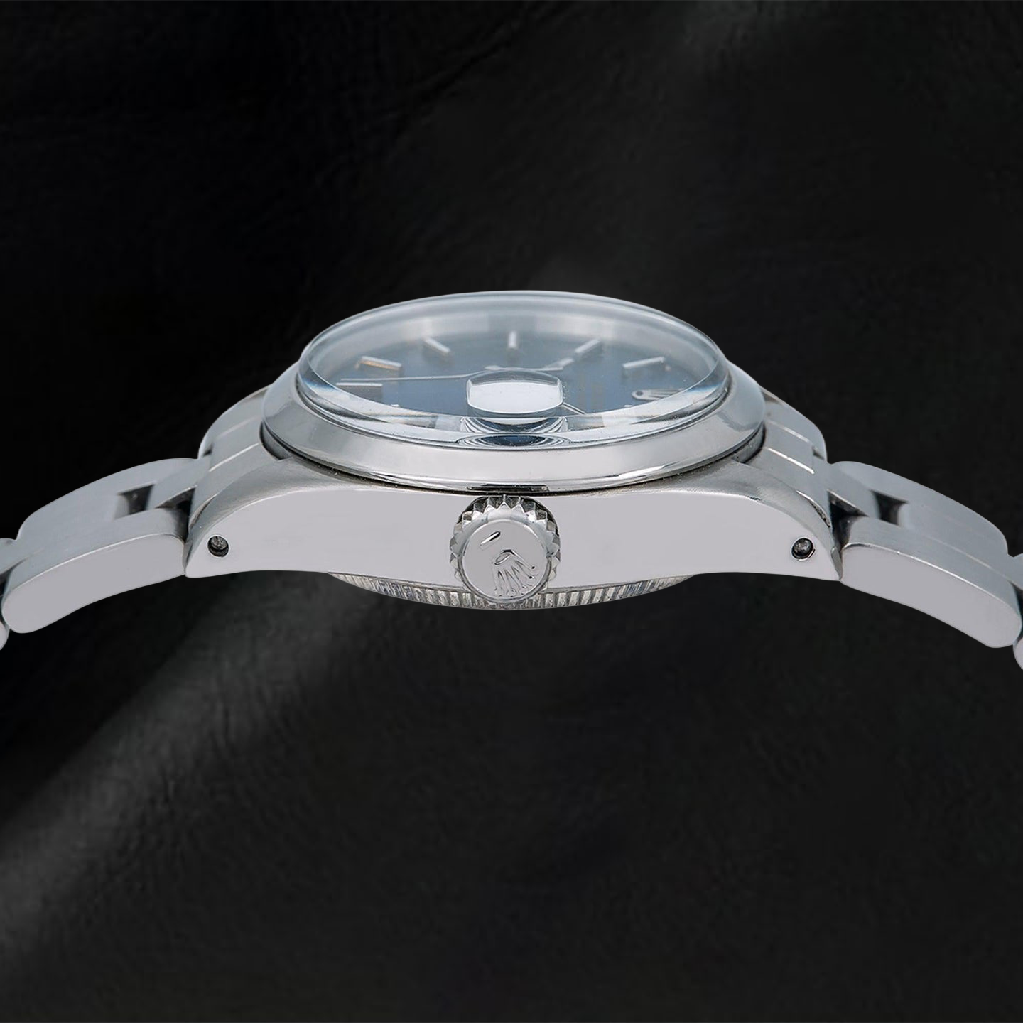 Rolex Oyster Perpetual 76094 26 mm Uhr aus Edelstahl, blaues Zifferblatt mit Stabindizes