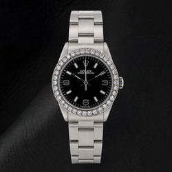 Rolex Oyster Perpetual 77080 31 mm Edelstahl-Uhr mit schwarzem arabischem Zifferblatt