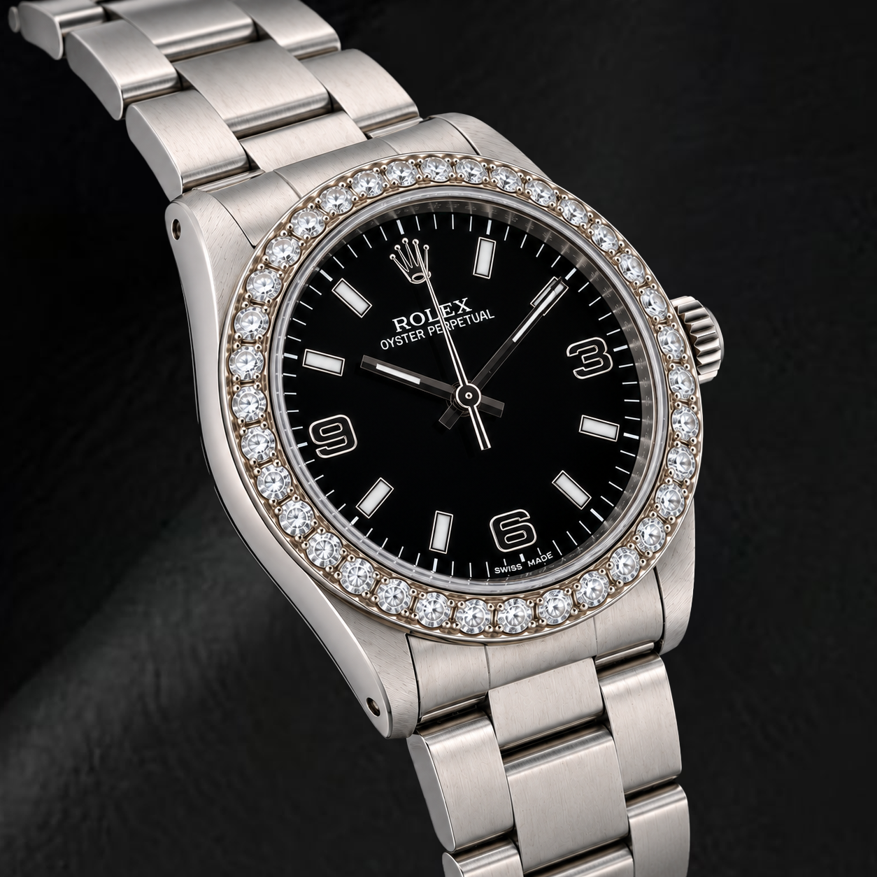 Rolex Oyster Perpetual 77080 31 mm Edelstahl-Uhr mit schwarzem arabischem Zifferblatt