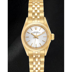 Rolex Oyster Perpetual Damenuhr aus Gelbgold mit silbernem Stabzifferblatt, 24 mm