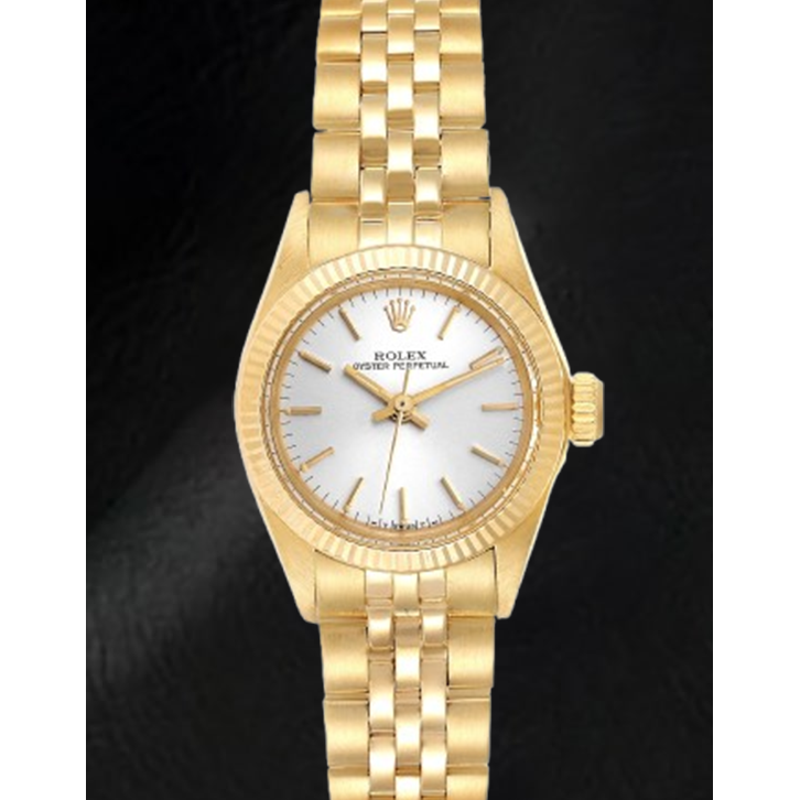 Rolex Oyster Perpetual Damenuhr aus Gelbgold mit silbernem Stabzifferblatt, 24 mm