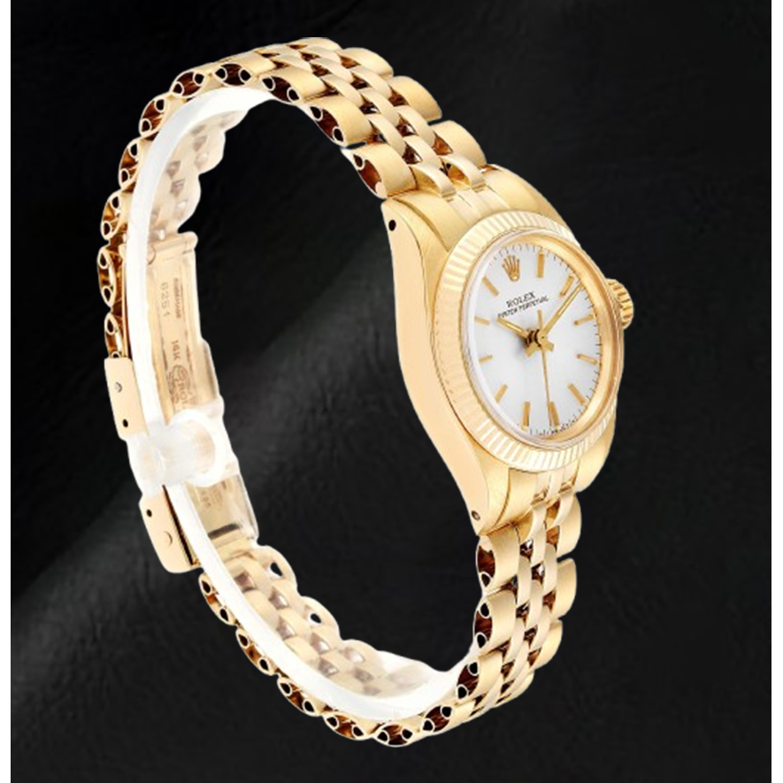 Rolex Oyster Perpetual Damenuhr aus Gelbgold mit silbernem Stabzifferblatt, 24 mm