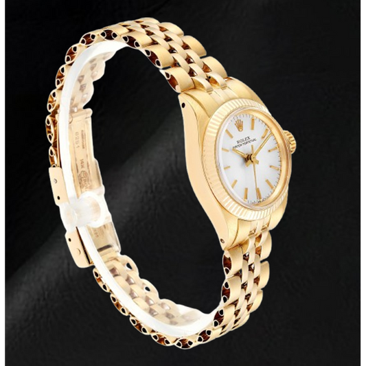 Rolex Oyster Perpetual Damenuhr aus Gelbgold mit silbernem Stabzifferblatt, 24 mm