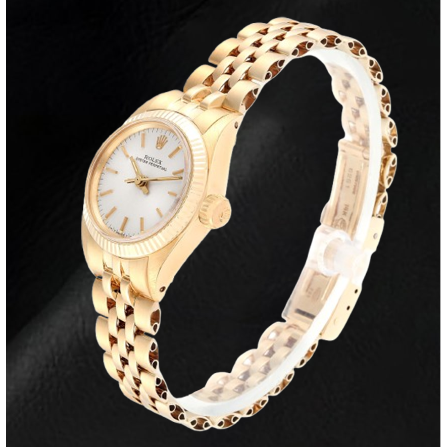 Rolex Oyster Perpetual Damenuhr aus Gelbgold mit silbernem Stabzifferblatt, 24 mm