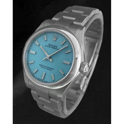 Rolex Oyster Perpetual Damenuhr aus Stahl mit Tiffany-Leuchtzifferblatt, 31 mm