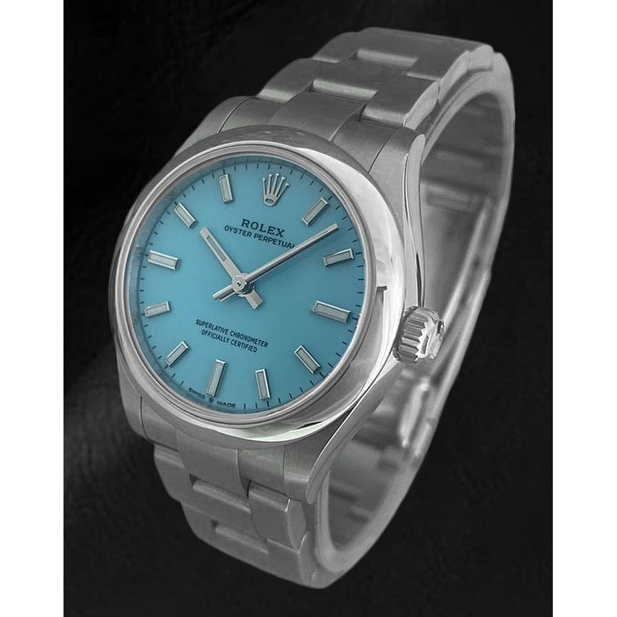Rolex Oyster Perpetual Damenuhr aus Stahl mit Tiffany-Leuchtzifferblatt, 31 mm