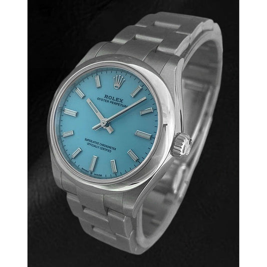 Rolex Oyster Perpetual Damenuhr aus Stahl mit Tiffany-Leuchtzifferblatt, 31 mm