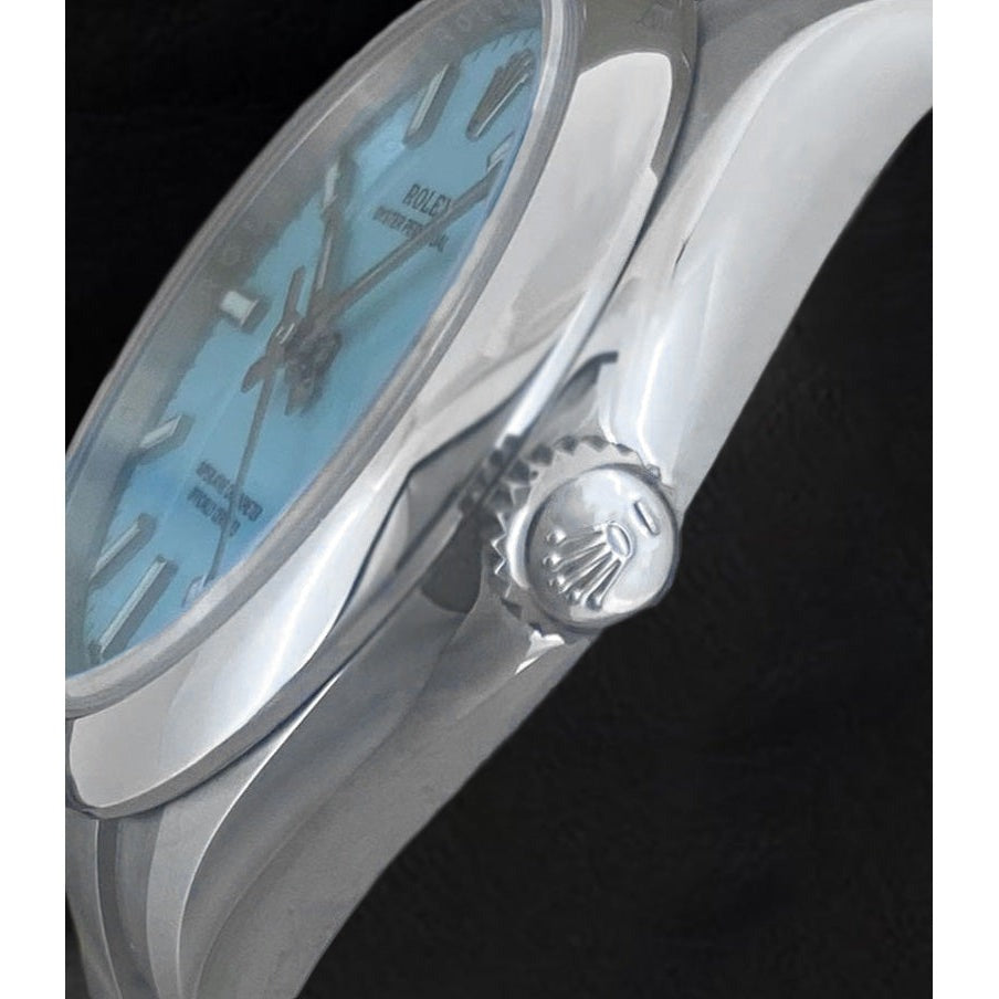 Rolex Oyster Perpetual Damenuhr aus Stahl mit Tiffany-Leuchtzifferblatt, 31 mm