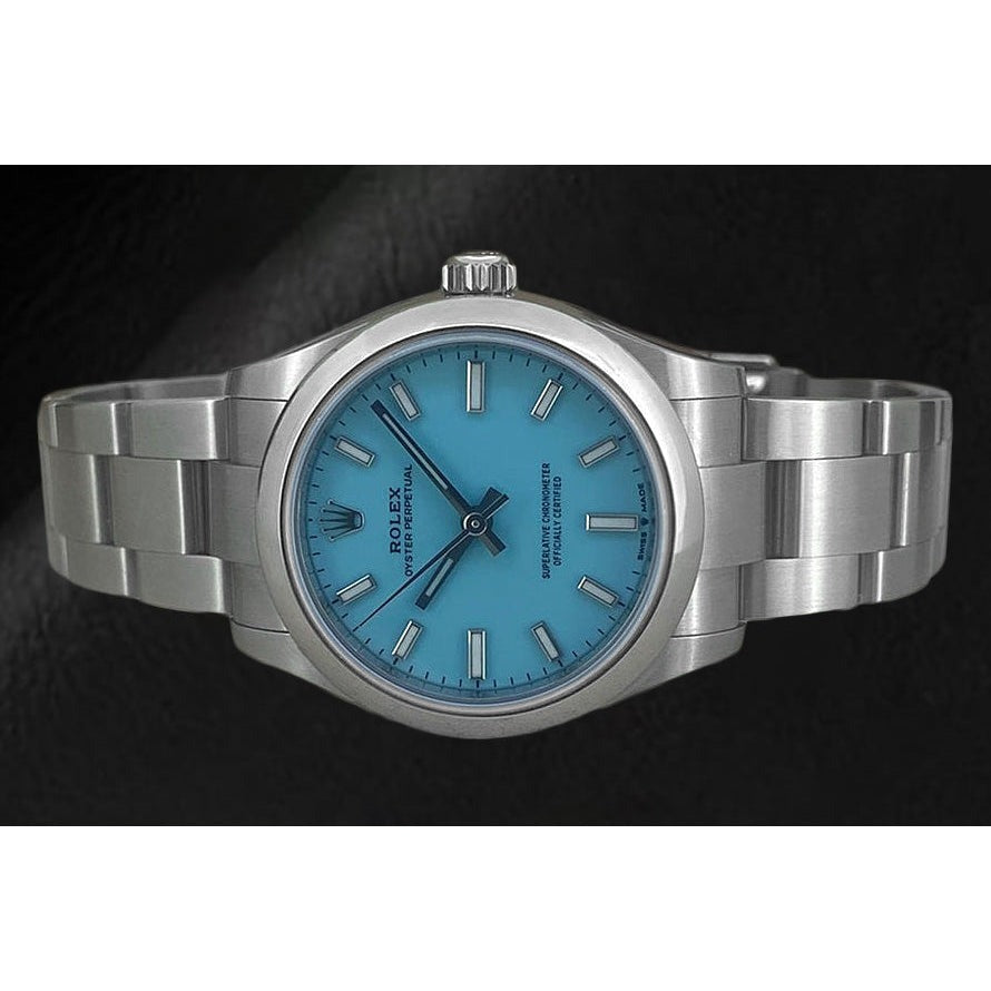 Rolex Oyster Perpetual Damenuhr aus Stahl mit Tiffany-Leuchtzifferblatt, 31 mm