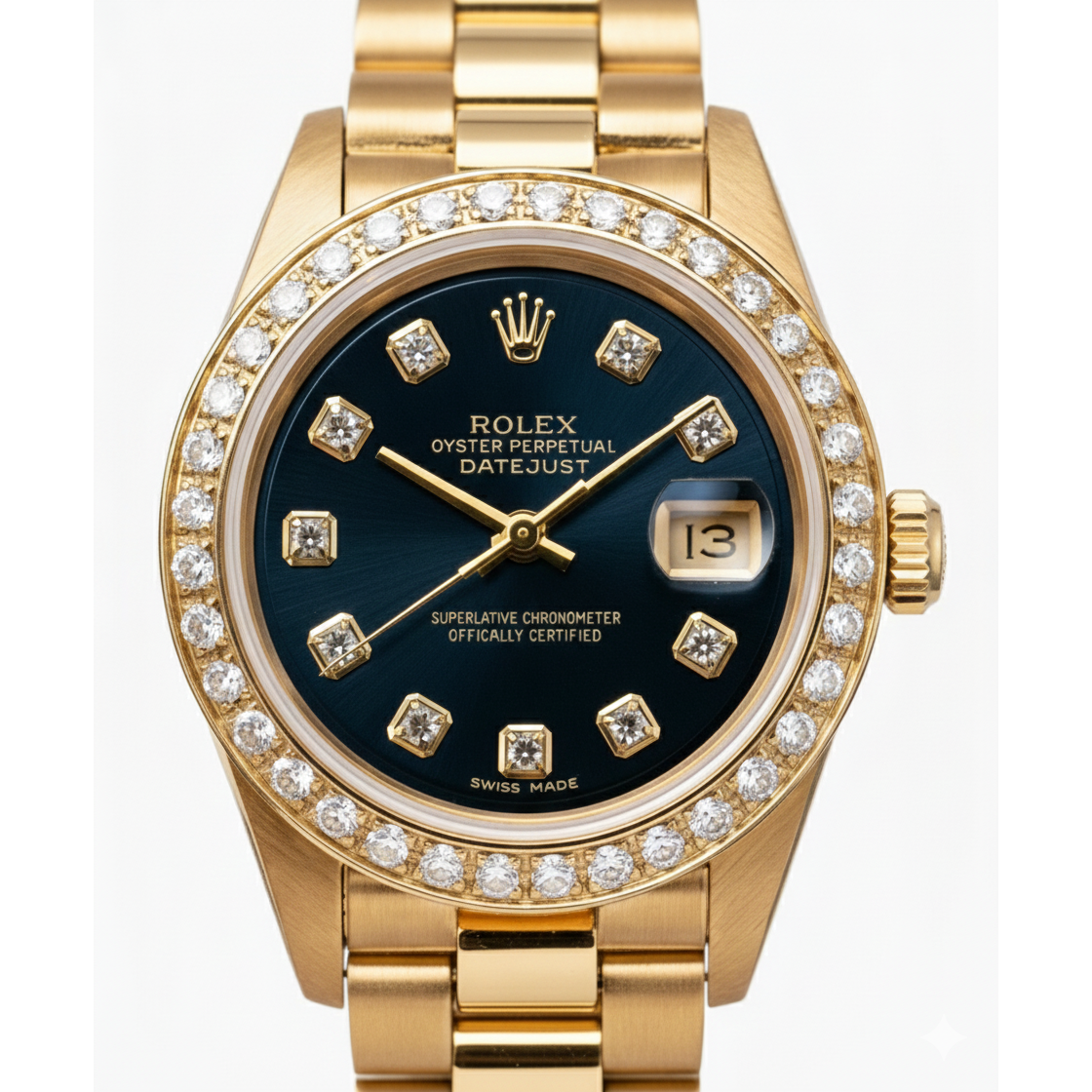 Rolex Präsidentenstil Uhr, blaues Diamant-Zifferblatt, Lünette, Datejust Gelbgold