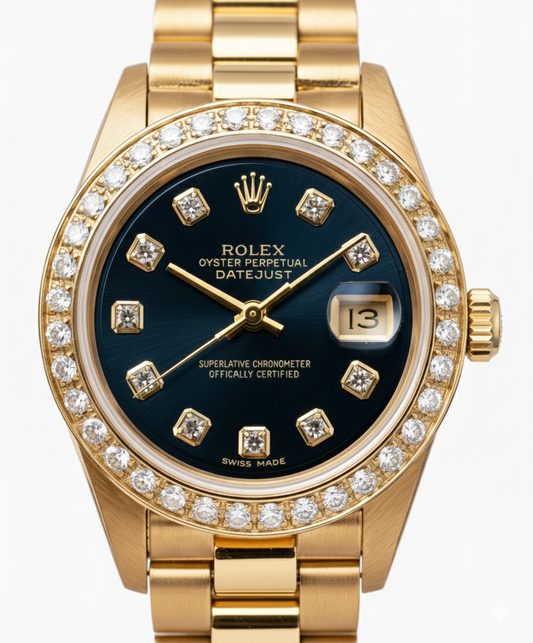 Rolex Präsidentenstil Uhr, blaues Diamant-Zifferblatt, Lünette, Datejust Gelbgold