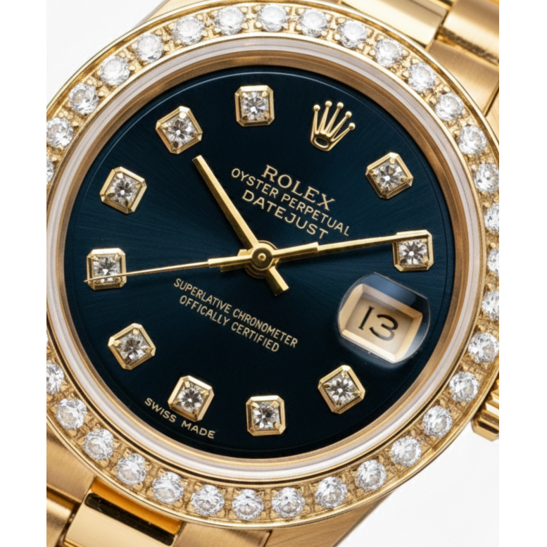 Rolex Präsidentenstil Uhr, blaues Diamant-Zifferblatt, Lünette, Datejust Gelbgold