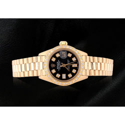 Rolex Präsidentin Damenuhr mit schwarzem Diamant-Zifferblatt und Lünette, Gelbgold