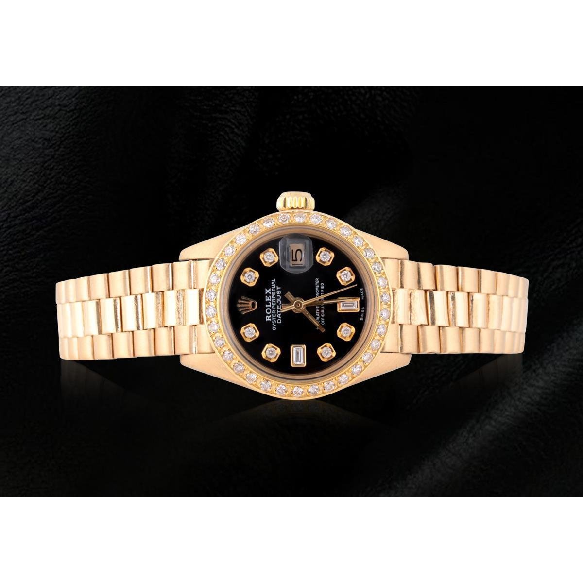 Rolex Präsidentin Damenuhr mit schwarzem Diamant-Zifferblatt und Lünette, Gelbgold