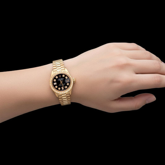 Rolex Präsidentin Damenuhr mit schwarzem Diamant-Zifferblatt und Lünette, Gelbgold