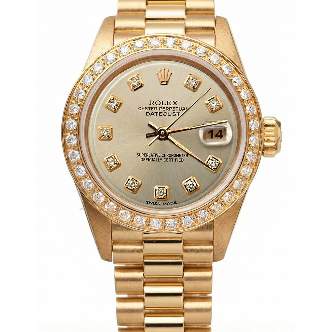 Rolex President-Uhr mit champagnerfarbenem Zifferblatt und Diamantlünette aus Gelbgold