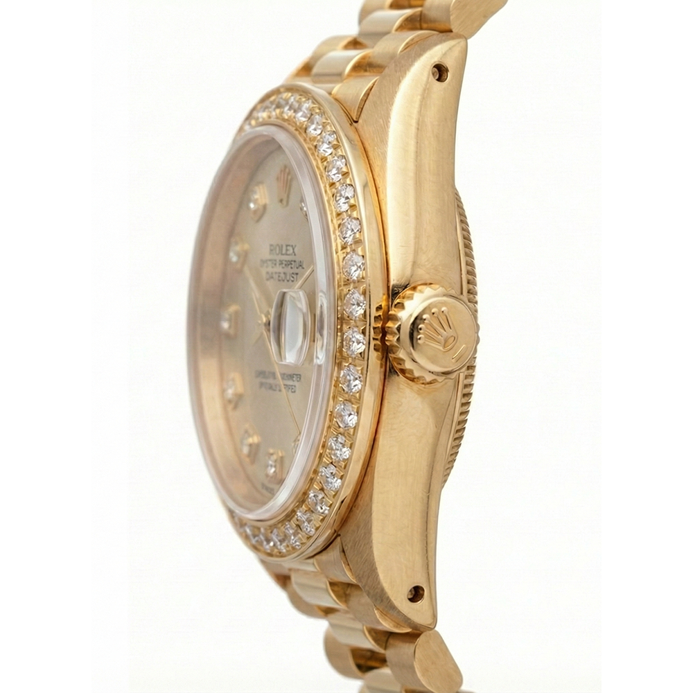 Rolex President-Uhr mit champagnerfarbenem Zifferblatt und Diamantlünette aus Gelbgold