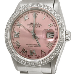 Rolex SCHNELLES SETZEN Herrenuhr mit rosa römischem Zifferblatt, Diamantlünette und Auster-Armband, 36 mm SCHNELLES SETZEN