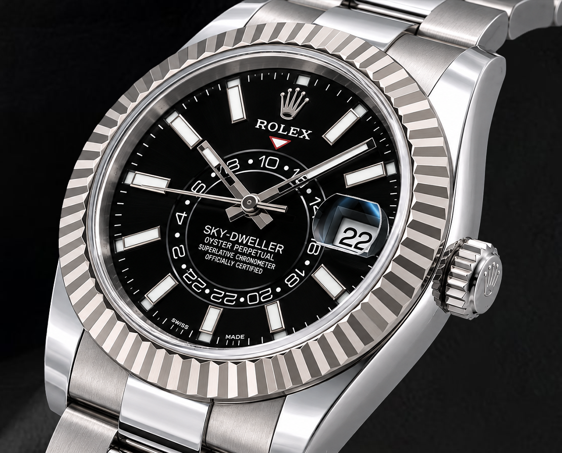Rolex Sky-Dweller 326934 42 mm Uhr aus Edelstahl mit schwarzem Zifferblatt und Oyster-Armband
