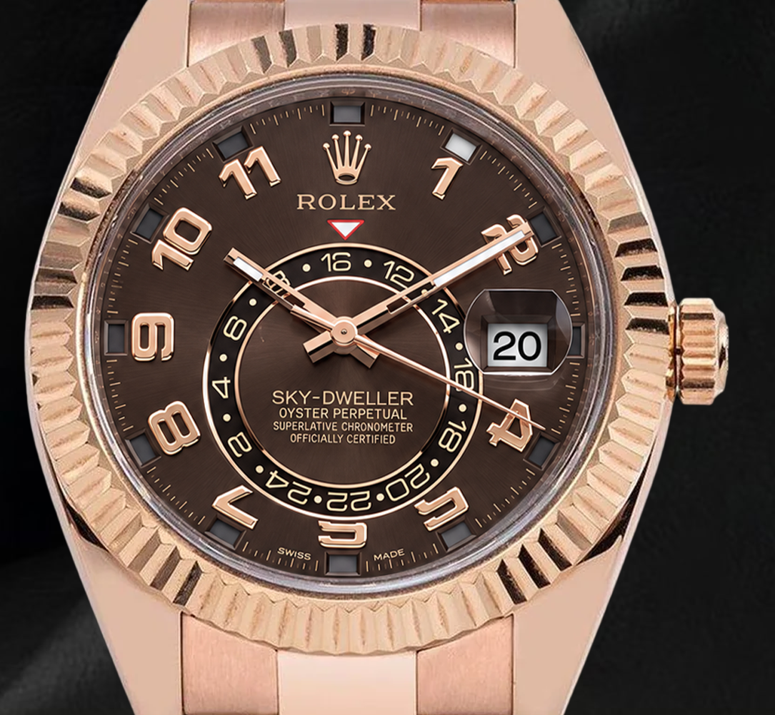 Rolex Sky-Dweller 326935 42 mm Roségold Uhr mit Schokolade-Zifferblatt und arabischen Ziffern