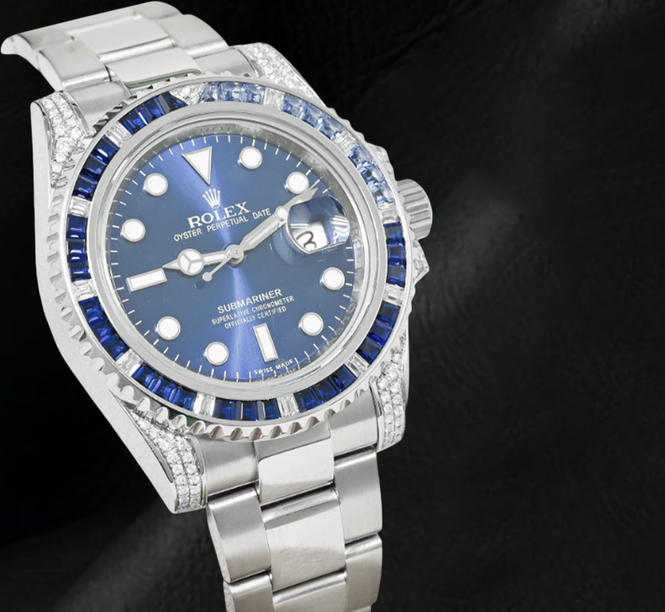 Rolex Submariner 116610LN Datum 40 mm Edelstahluhr mit Lünette aus Diamanten und blauen Saphiren