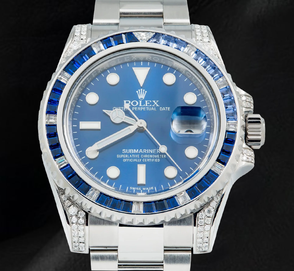 Rolex Submariner 116610LN Datum 40 mm Edelstahluhr mit Lünette aus Diamanten und blauen Saphiren