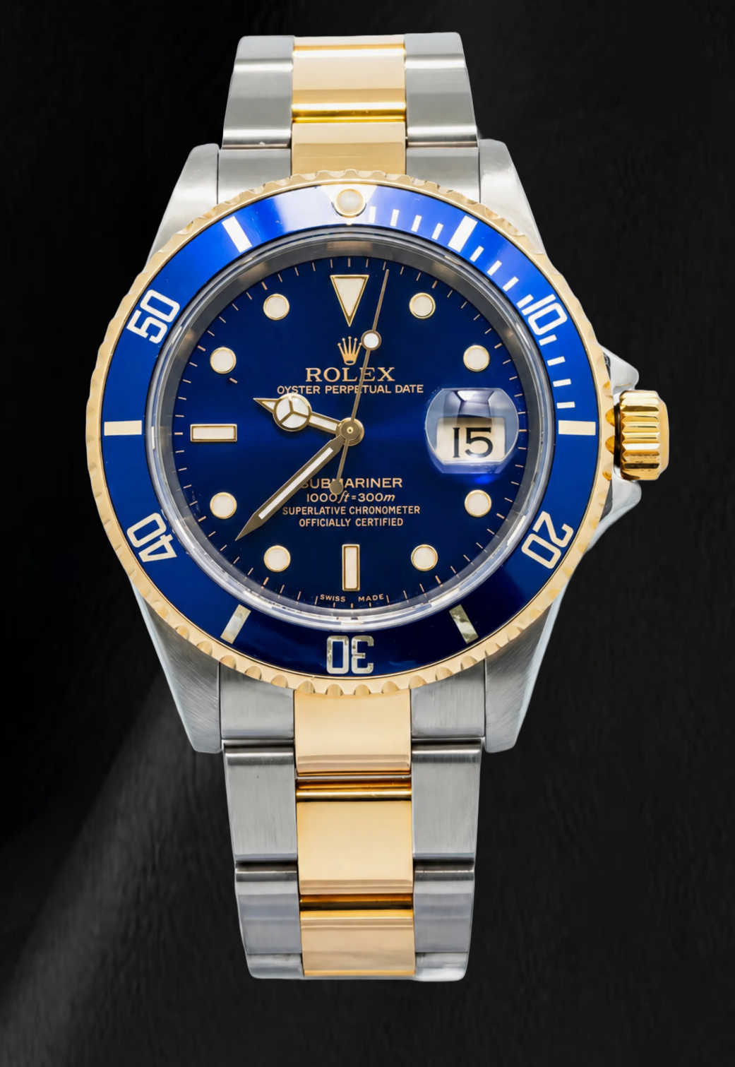 Rolex Submariner Date 16613 40 mm Bicolor Uhr blaues Leuchtzifferblatt