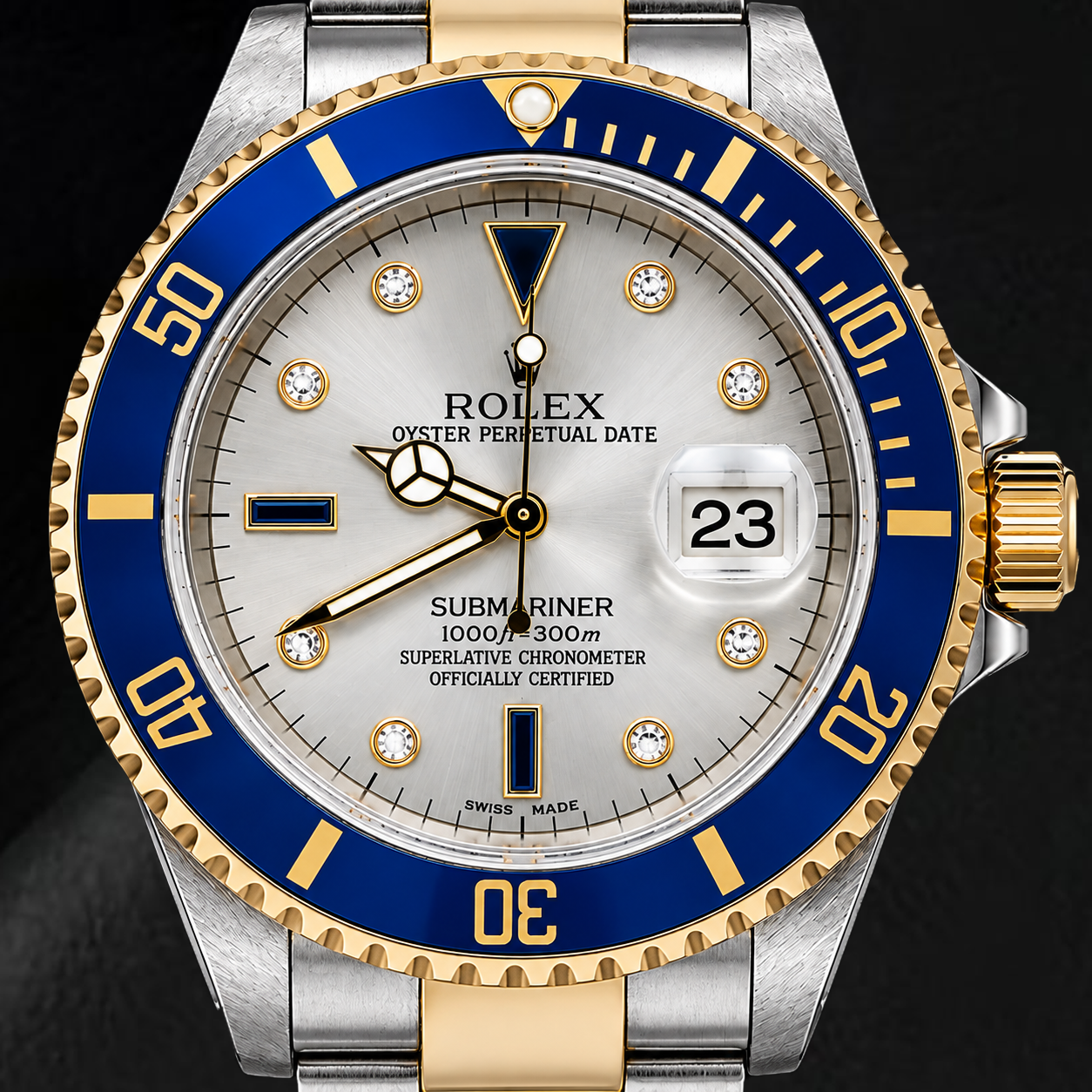 Rolex Submariner Date 16613 40 mm Bicolor-Uhr mit silbernem Diamantzifferblatt