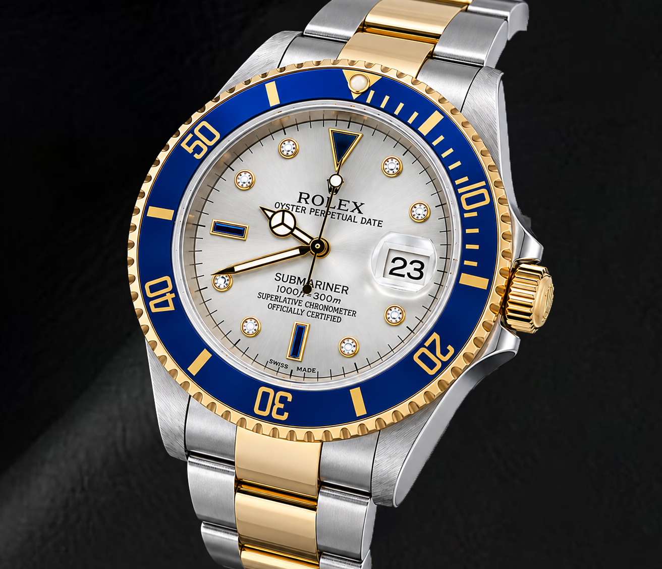 Rolex Submariner Date 16613 40 mm Bicolor-Uhr mit silbernem Diamantzifferblatt