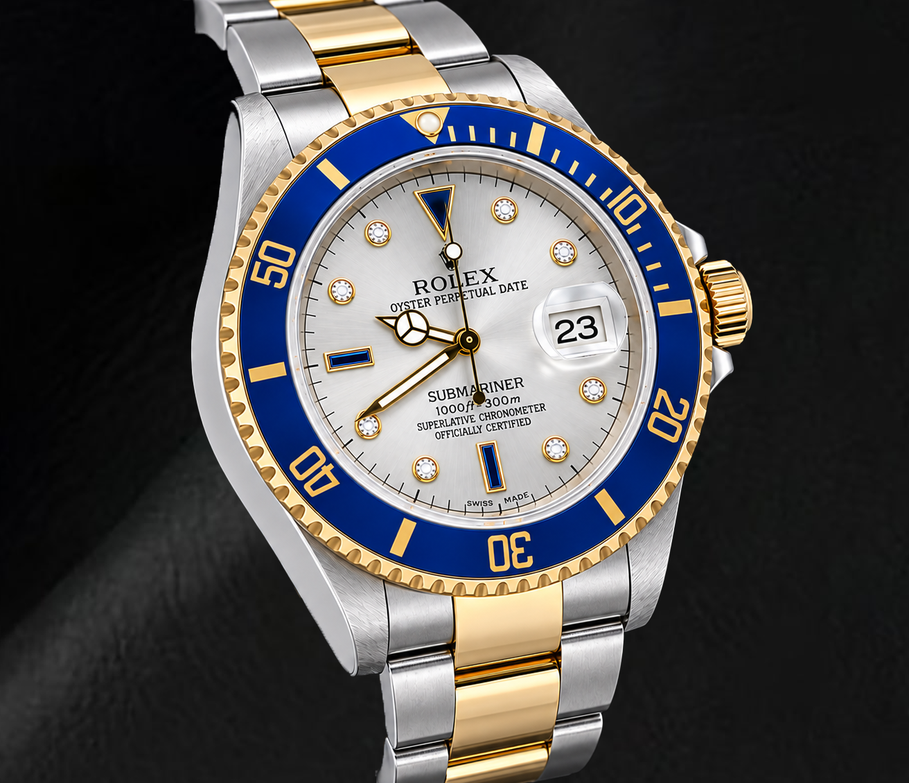 Rolex Submariner Date 16613 40 mm Bicolor-Uhr mit silbernem Diamantzifferblatt