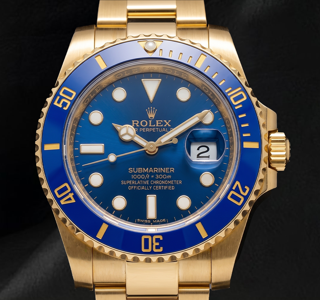 Rolex Submariner Date 40 mm 116618LB Gelbgold Uhr mit blauem Zifferblatt