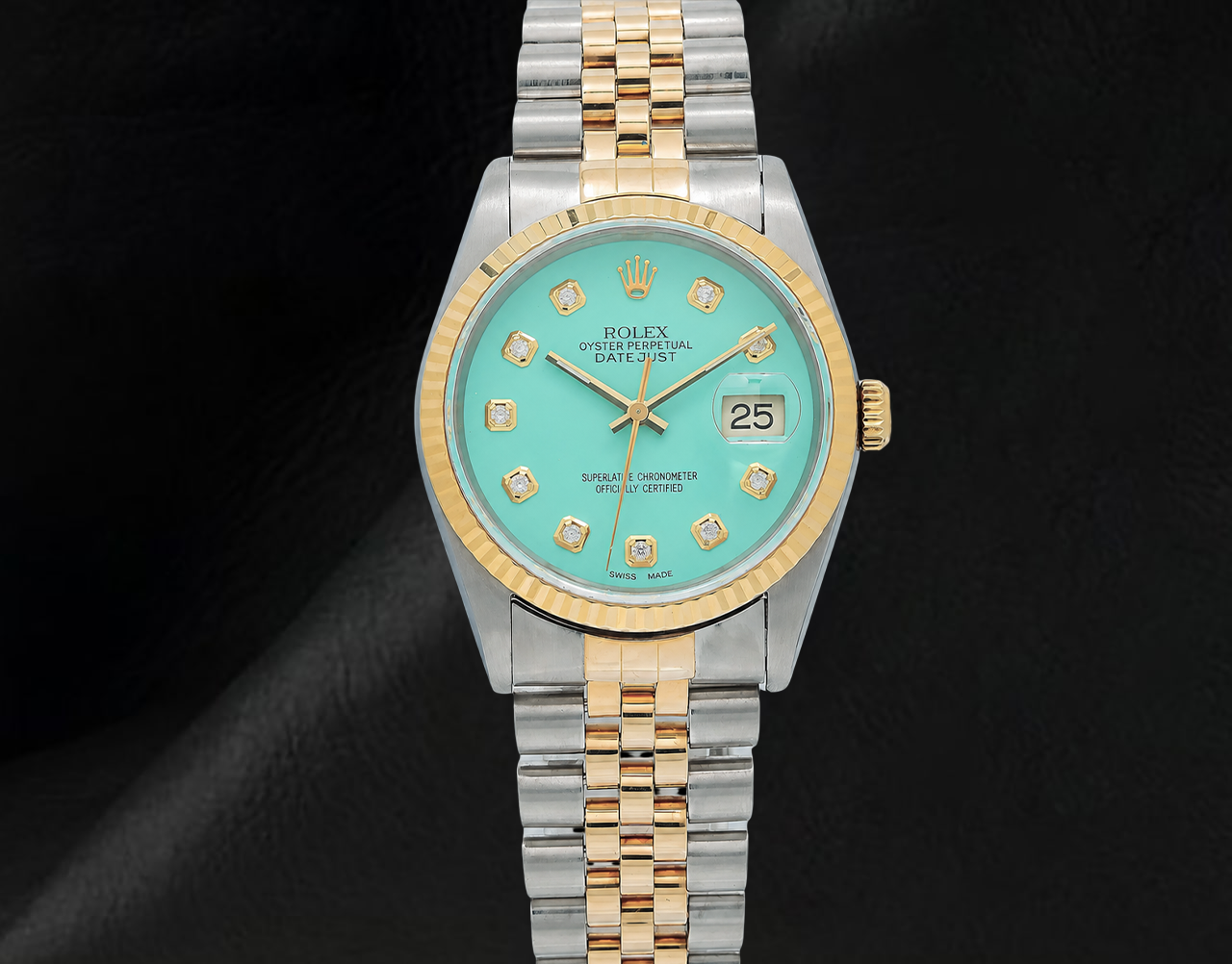 Rolex Datejust 16013 36 mm Bicolor Uhr mit türkisem Diamantzifferblatt und geriffelter Lünette