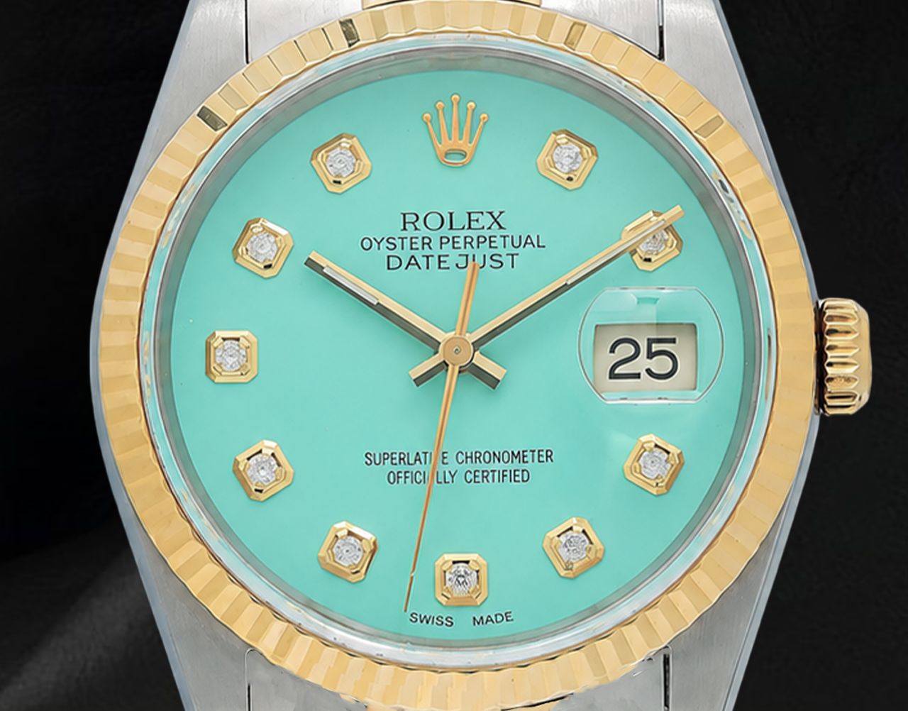 Rolex Datejust 16013 36 mm Bicolor Uhr mit türkisem Diamantzifferblatt und geriffelter Lünette