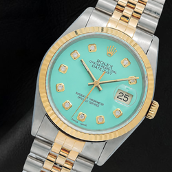 Rolex Datejust 16013 36 mm Bicolor Uhr mit türkisem Diamantzifferblatt und geriffelter Lünette