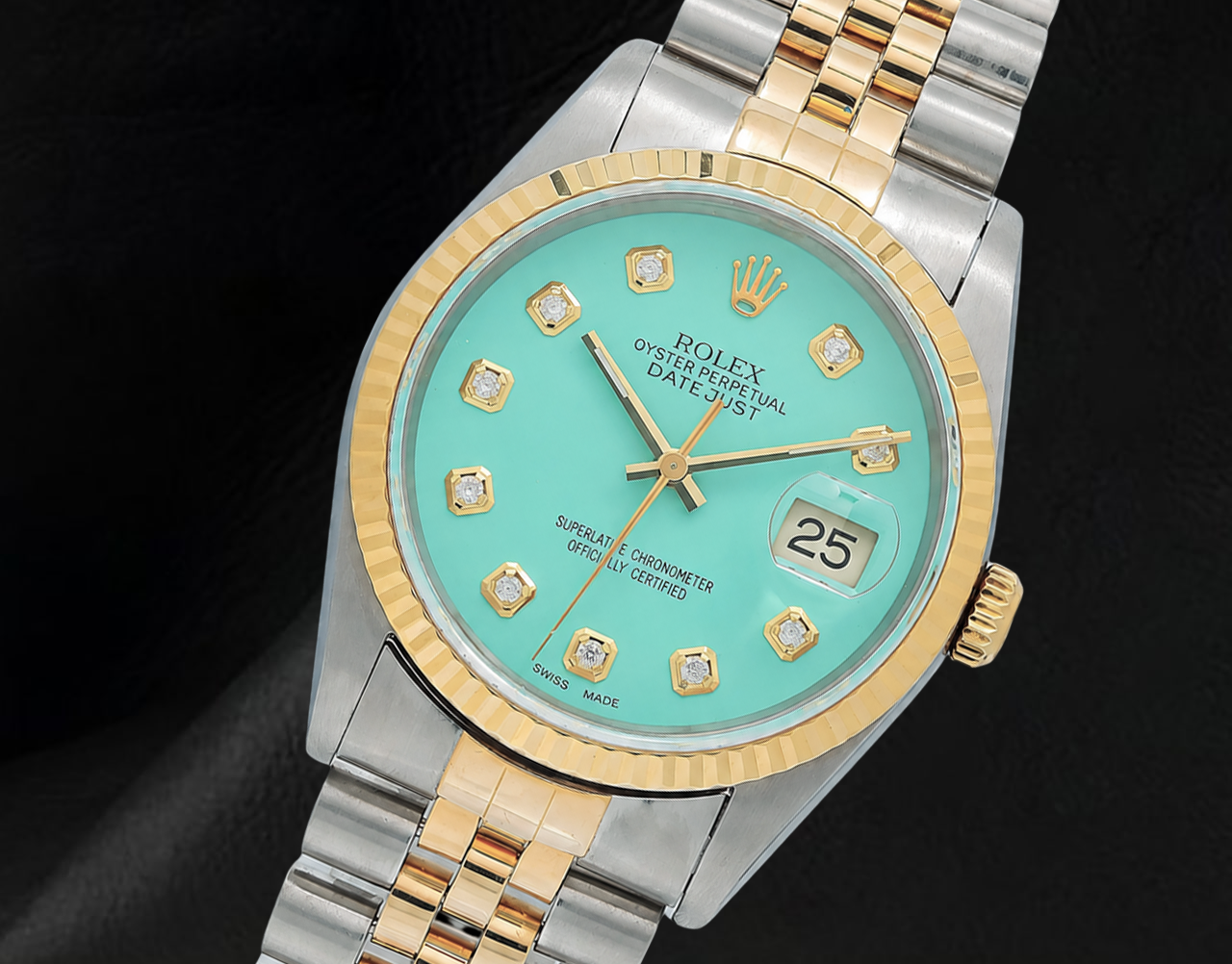 Rolex Datejust 16013 36 mm Bicolor Uhr mit türkisem Diamantzifferblatt und geriffelter Lünette