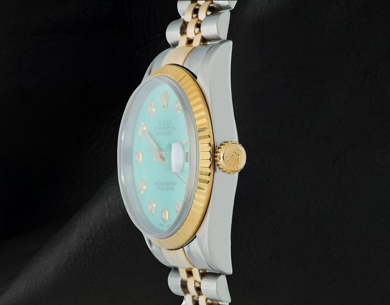 Rolex Datejust 16013 36 mm Bicolor Uhr mit türkisem Diamantzifferblatt und geriffelter Lünette