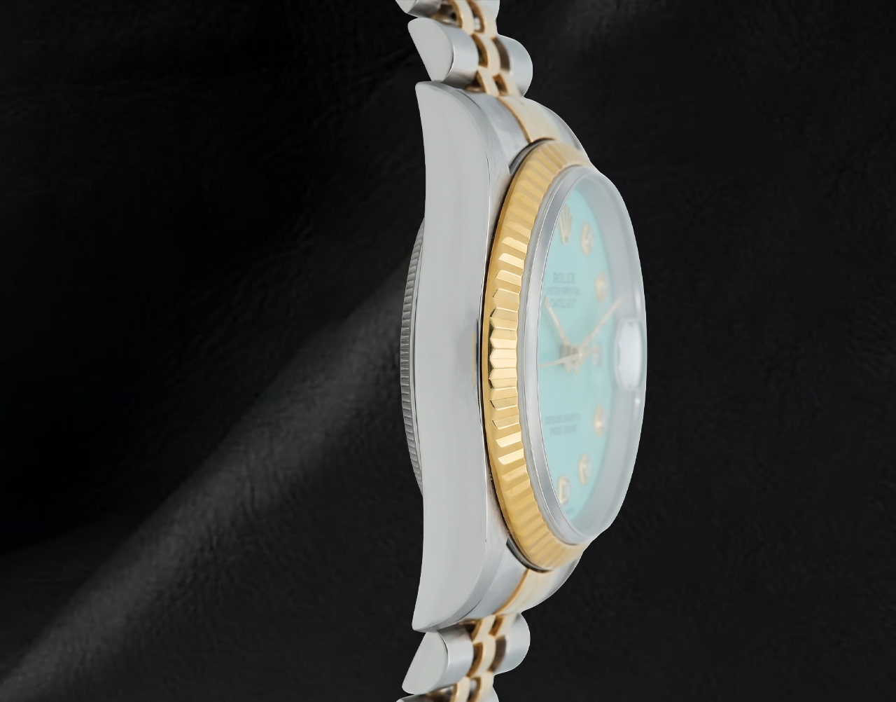 Rolex Datejust 16013 36 mm Bicolor Uhr mit türkisem Diamantzifferblatt und geriffelter Lünette