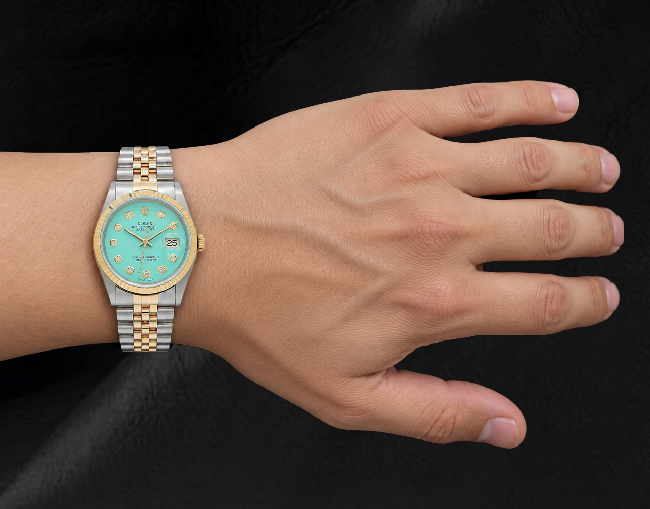Rolex Datejust 16013 36 mm Bicolor Uhr mit türkisem Diamantzifferblatt und geriffelter Lünette