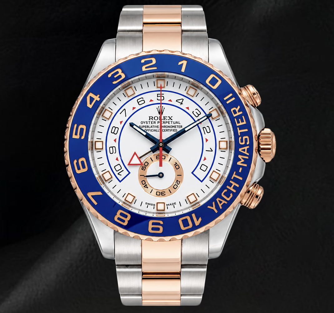 Rolex Yacht-Master II 116681 44 mm Weißes Zifferblatt Blaue Keramiklünette Bicolor Uhr