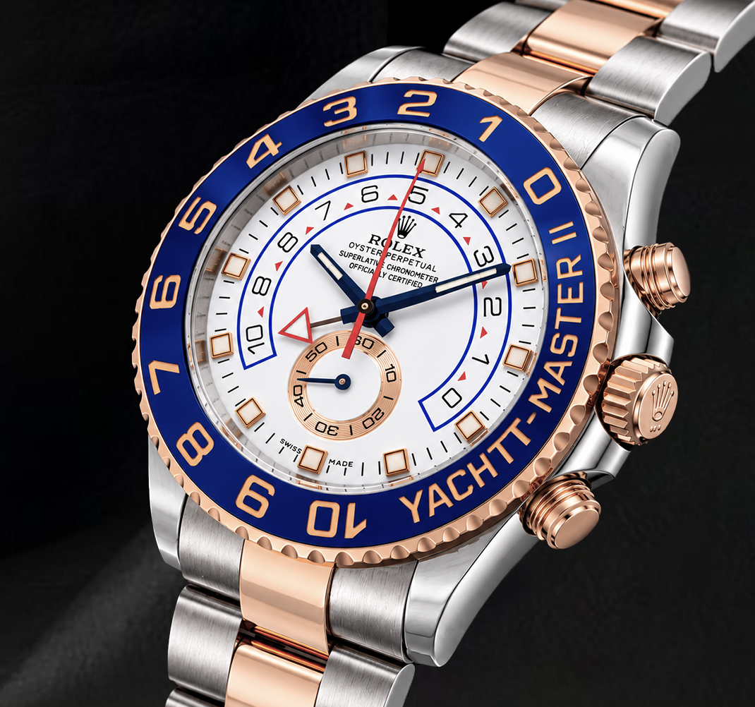 Rolex Yacht-Master II 116681 44 mm Weißes Zifferblatt Blaue Keramiklünette Bicolor Uhr