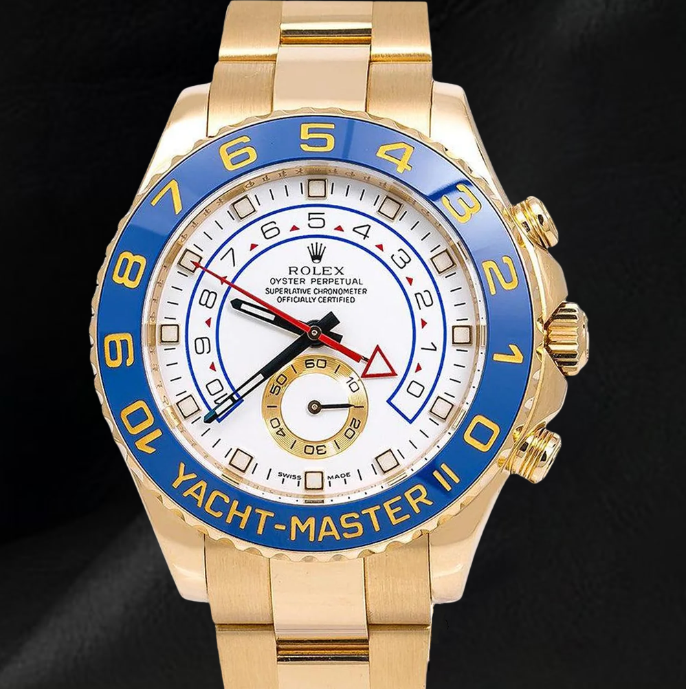 Rolex Yacht-Master II 116688 Uhr aus 18 Karat Gelbgold, 44 mm, weißes Zifferblatt, blaue Keramiklünette