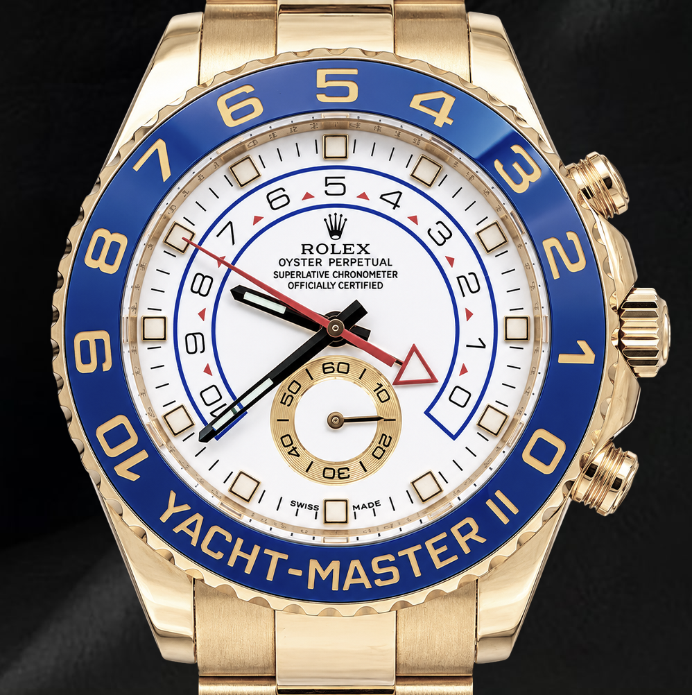 Rolex Yacht-Master II 116688 Uhr aus 18 Karat Gelbgold, 44 mm, weißes Zifferblatt, blaue Keramiklünette
