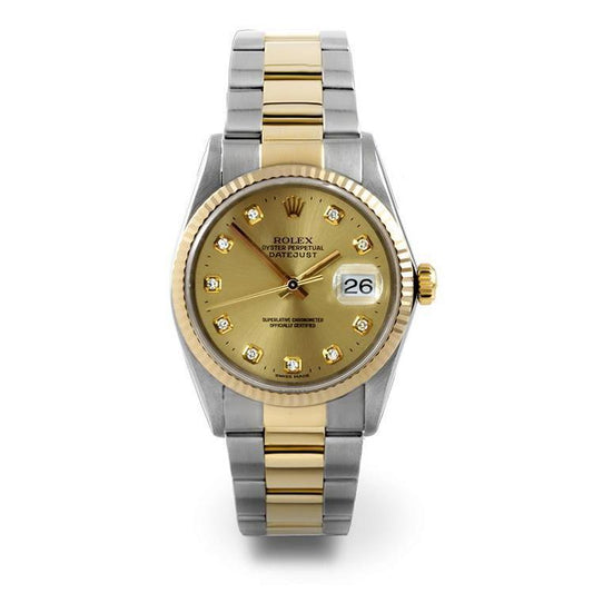 Rolex Zweifarbig Herren-Datumsuhr mit Diamant-Zifferblatt und Oyster-Band in Champagner. SCHNELLES SET
