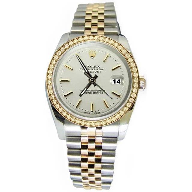 Rolex Zweifarbig Uhr Datejust Gold Weiß Stick-Zifferblatt Diamant Lünette SCHNELLES EINSTELLEN
