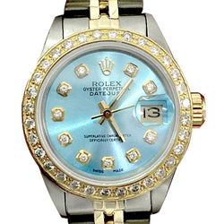 Rolex Damenuhr mit blauem Diamant-Zifferblatt und Lünette, nur Edelstahl und Gold