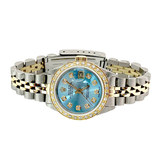 Rolex Damenuhr mit blauem Diamant-Zifferblatt und Lünette, nur Edelstahl und Gold